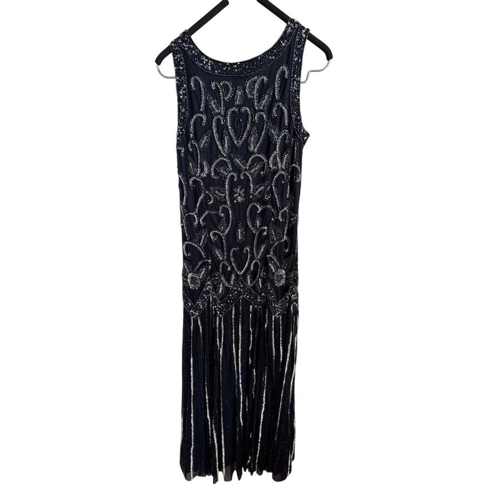 Pisarro Nights Embellished Mesh Drop Waist Maxi Dress Navy Blue Women's Size 10 - Picture 6 of 9